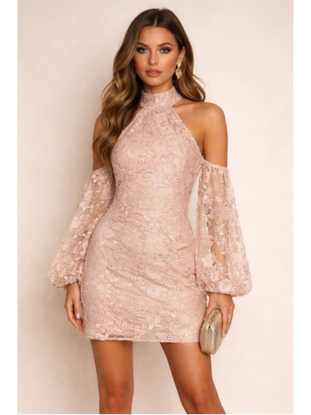 Michael Costello x REVOLVE Blush Pink Lace Halter Cold Shoulder Mini Dress Small